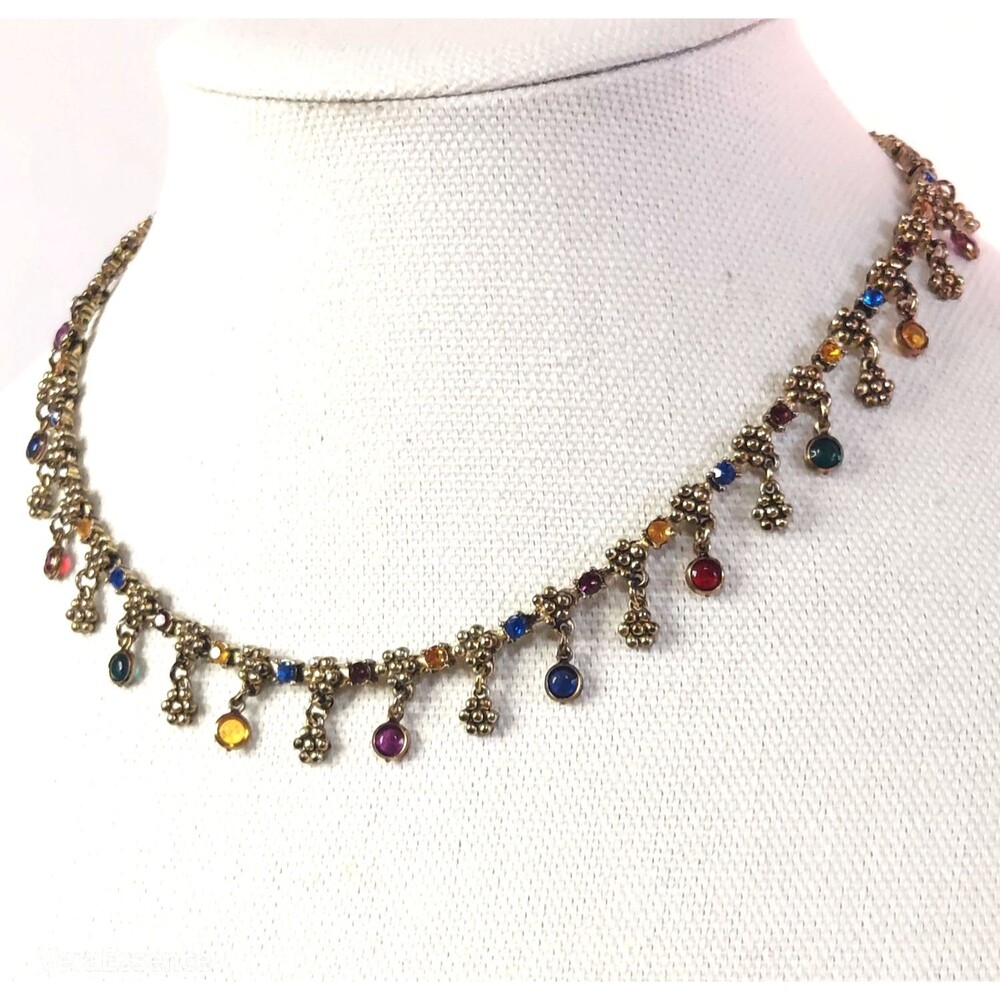 Bezel Set Small Dangle Crystal Choker Necklace 16" Flower Rainbow Victorian Vtg